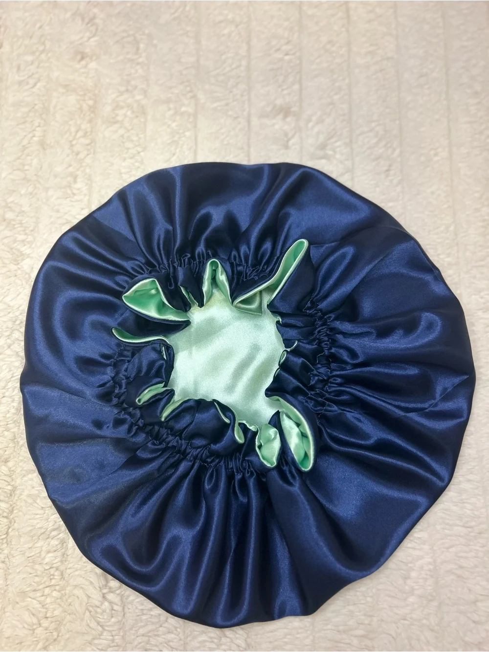 Satin Double-Ruffle Bonnet - Navy and Mint